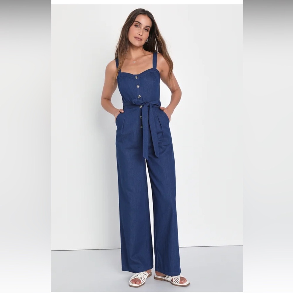 Your Best Crush Medium Wash Chambray Belted Wide-Leg Jumpsuit